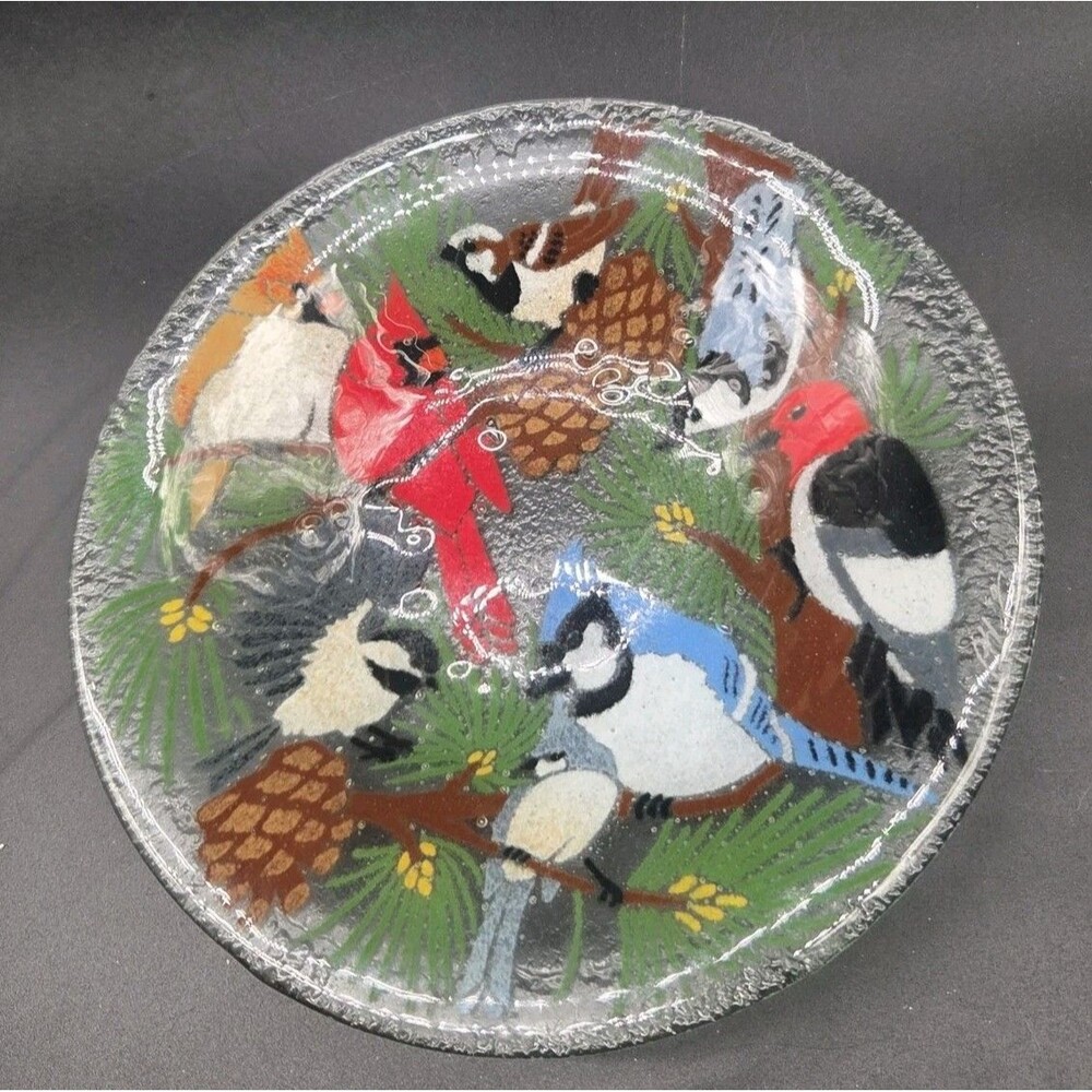 Vintage Peggy Karr 8” Festive Birds Plate Or Trinket Dish Cardinals & Blue Jays